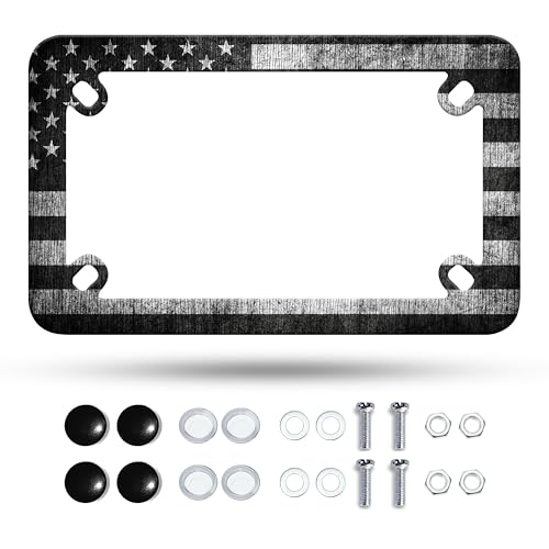 Omw2fyb Motorcycle Vintage Black White American Flag License Plate Frame Patriotic Stainless Steel Material Funny Motorbike License Plate Holder Rust Proof Weather Proof Motorcycle Accessories 7 X 4 Inch - Image 1