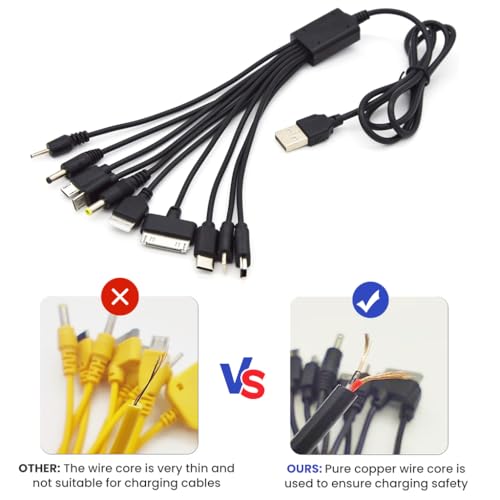 Verilux® 10 in 1 USB Charging Cable 1M/3.3Ft, Universal Multi-Head USB Charger Cable with 10 Ports for Micro, 30-Pin, DC & More Devices, Fast Charging for Multiple Electronics - Image 5