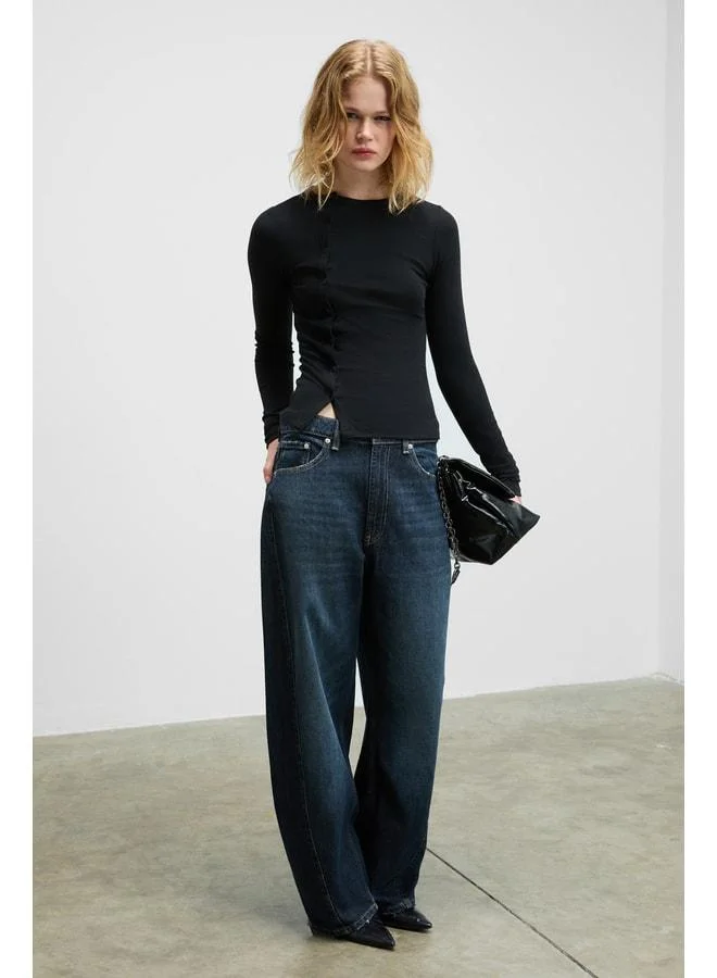 GRIMELANGE SOMBRA Women's Round Neck Front-Pleated Functional Buttoned Body-Hugging Flexible Black Blouse.
