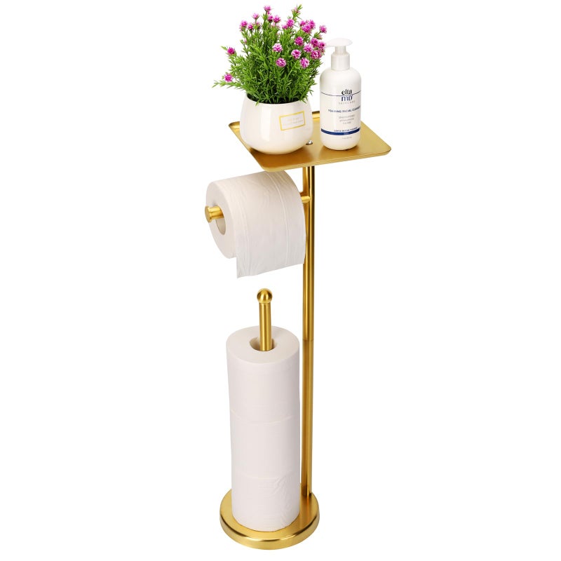Noonext Gold Toilet Paper Holder Stand Freestanding Toilet Paper Stand with Tray for Small Items Toilet Paper Holder with Shelf Storage Space for 4 Extra Toilet Paper Rolls Gold