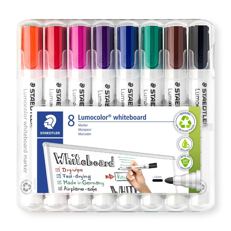 STAEDTLER 351 WP8 Lumocolor Whiteboard Marker Bullet Tip - Assorted Colours (Pack of 8) - Image 1