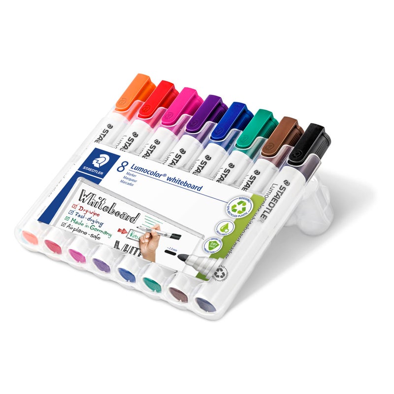 STAEDTLER 351 WP8 Lumocolor Whiteboard Marker Bullet Tip - Assorted Colours (Pack of 8) - Image 3