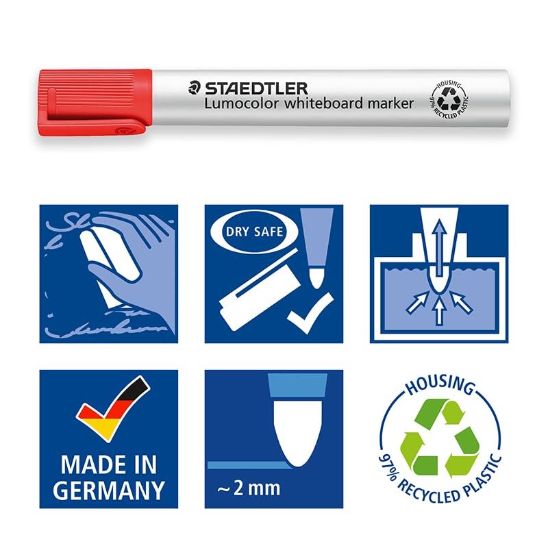 STAEDTLER 351 WP8 Lumocolor Whiteboard Marker Bullet Tip - Assorted Colours (Pack of 8) - Image 5