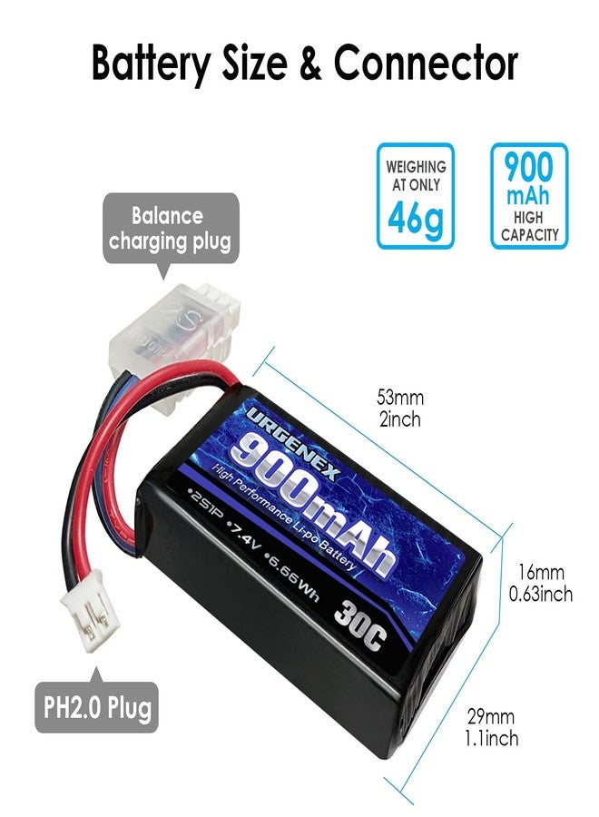 URGENEX SCX24 lipo 7.4V Lipos 2S 30C 900mAh Rechargeable lipo with PH2.0 Plug Compatible with Most 1/10, 1/16, 1/18, 1/24 Scale RC Cars Trucks - Image 3