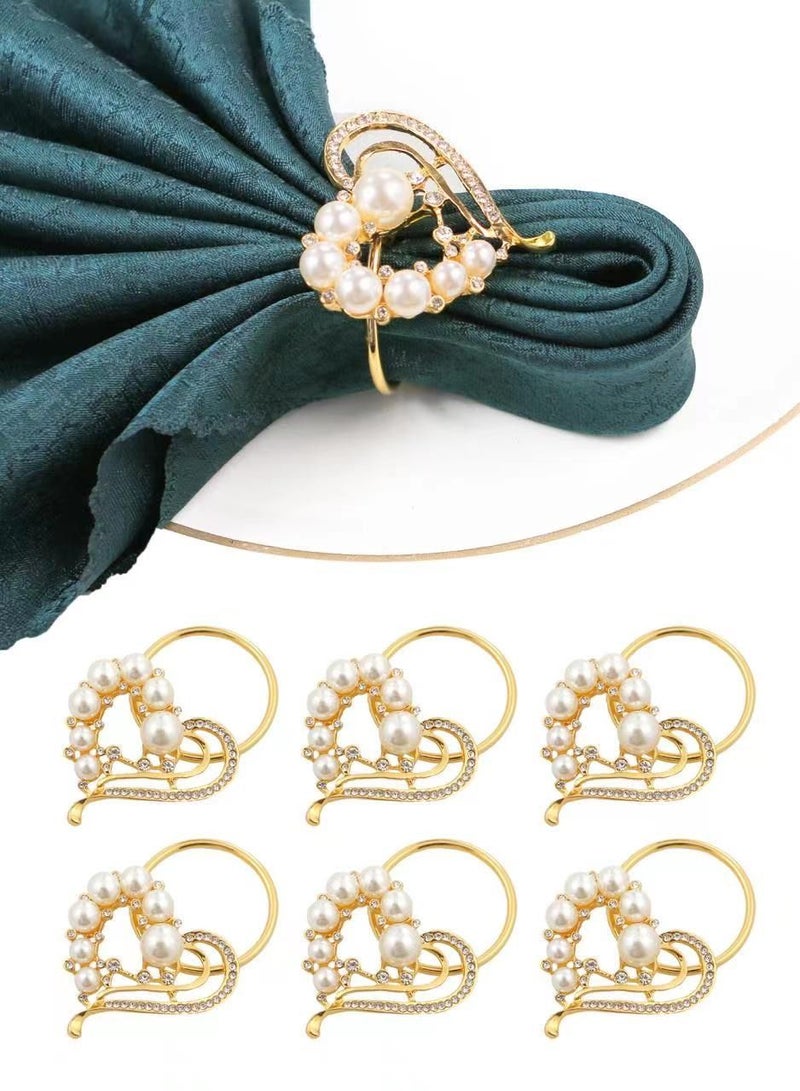 RARELY Set of 6 Gold Heart-Shaped Peral Metal Napkin Rings  - Image 1