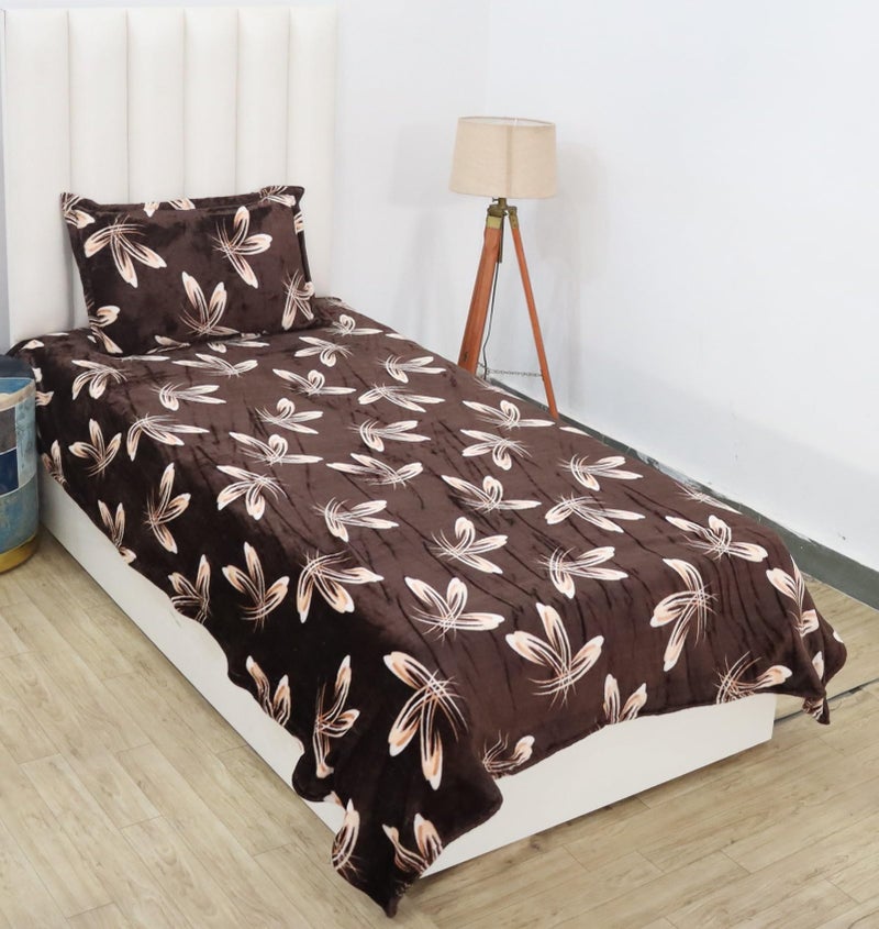 RD TREND 190 Gsm Flannel Warm Bedsheets 210 TC For Winter Single Flat Size (60X90 Inches) With 1 Pillow Cove Size (18X28 Inches) Colour Coffee Flower - Image 1