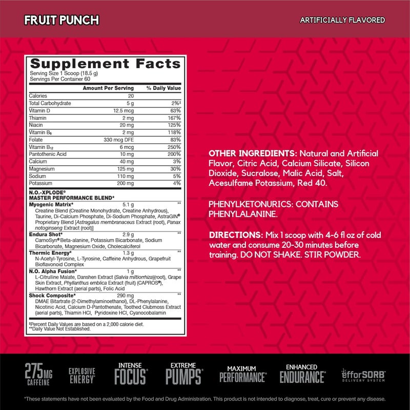 BSN N.O. Xplode Fruit Punch Pre-Workout Supplement - Image 2