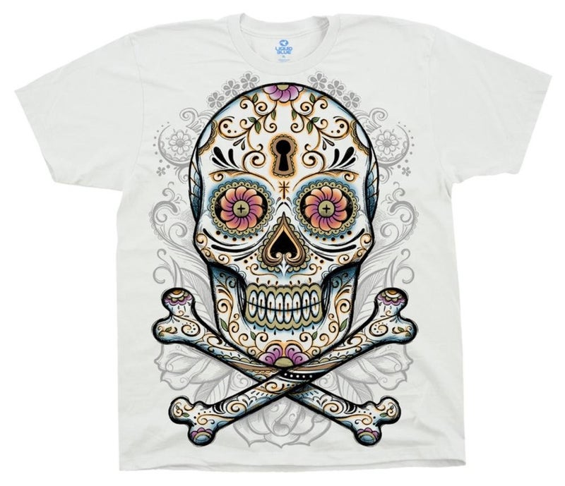 Liquid Blue Men's Floral Skull T-Shirt, White, Medium