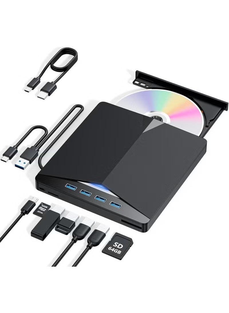 External CD/DVD drive for notebook computers, 7-in-1 DVD player, USB3.0 portable burner for notebook computers, with SD/TF card reader and 4-port USB hub, compatible with Windows, Mac OS, Linux (7-in-1) - Image 2
