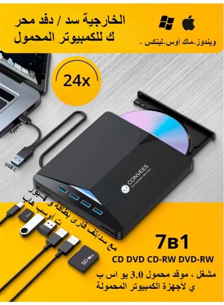 External CD/DVD drive for notebook computers, 7-in-1 DVD player, USB3.0 portable burner for notebook computers, with SD/TF card reader and 4-port USB hub, compatible with Windows, Mac OS, Linux (7-in-1) - Image 1