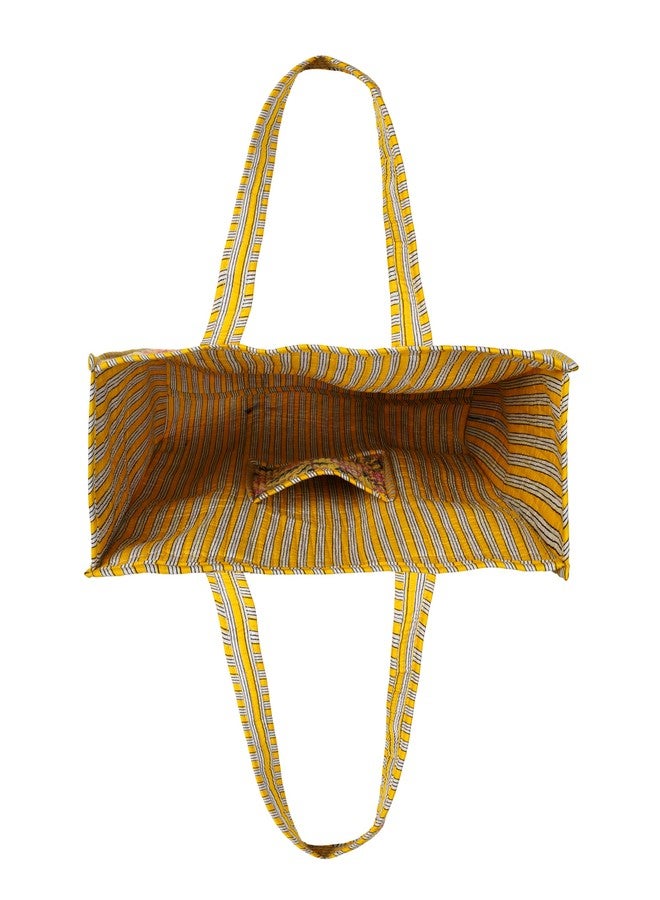 SENORA Quilted Tote Handbag Stylish Cotton with Zipper for Women | Durable, Spacious & Lightweight | Perfect for Office, College, Shopping & Travel (Yellow Floral) - Image 5