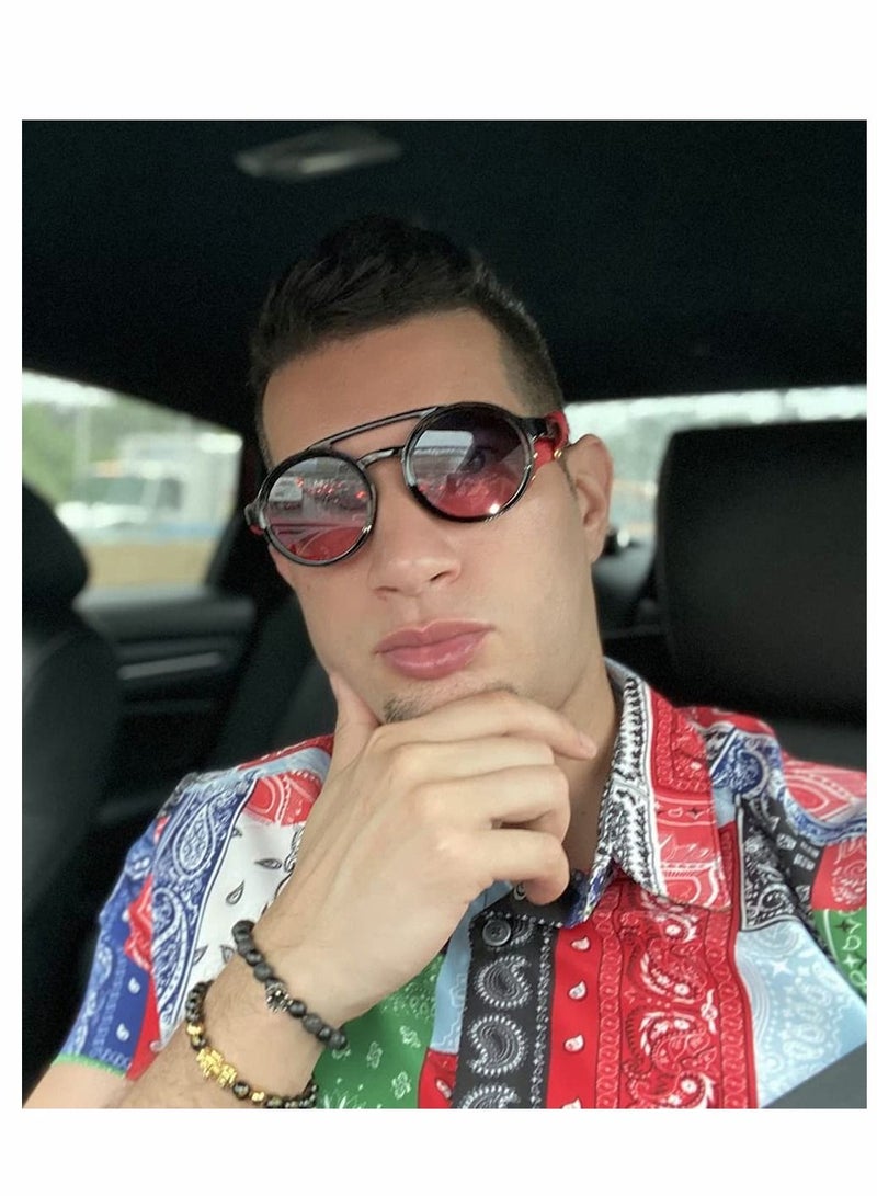 Excefore نظارة شمسية دائرية من طراز Steampunk للنساء والرجال مع جانب جلدي، عدسات عالية الدقة لحماية UV400، إطار بلاستيكي خفيف مع ملابس جلدية - Image 5