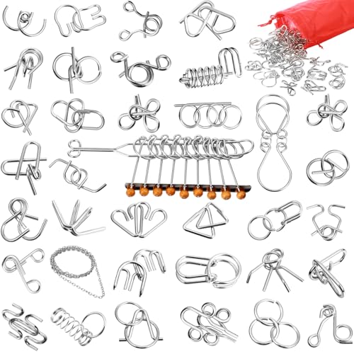 Yilloog Metal Brain Teaser Puzzles Set of 36 with Pouch Steel IQ Games Physics Mind Metal Puzzles for Adults Basket Stocking Stuffers for Adults Challenge GiftsMedium - Image 1