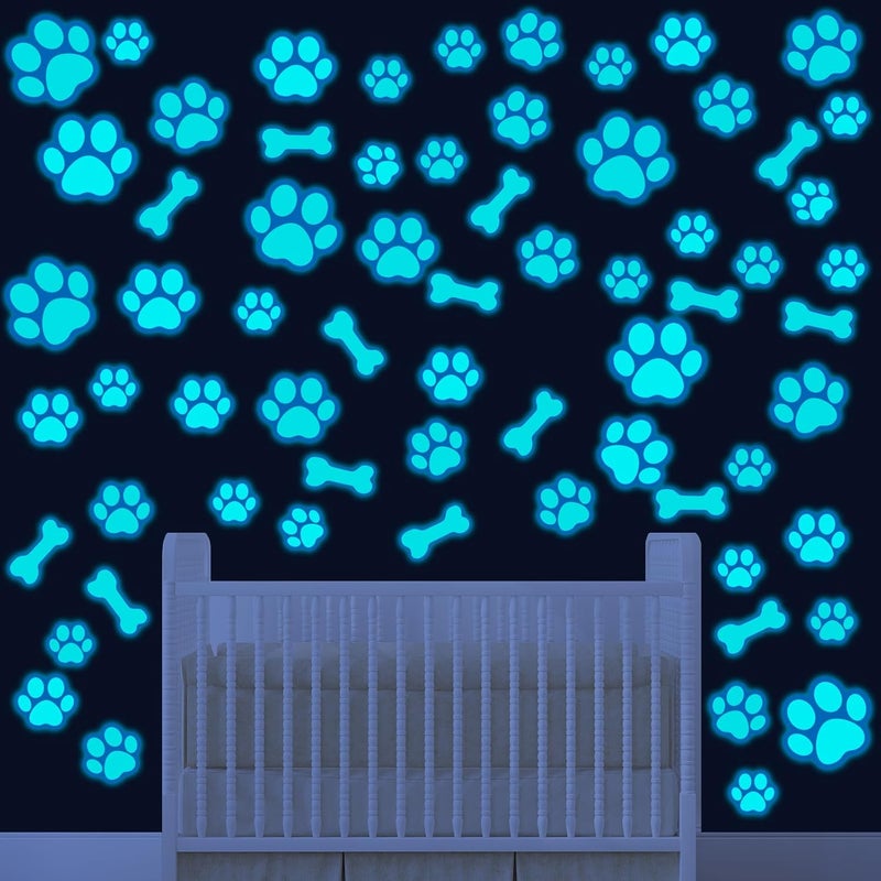Eersida 127 Glow in The Dark Dog Paw Stickers Luminous Removable Vinyl Wall Decals for Kids Nursery BedroomBlue Light - Image 1