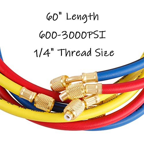 Uenede 3PCS Refrigerant Charging Hose 60" Length 600-3000PSI 1/4" Thread Fits for R12 R22 R134A 404 502 Car Air Conditioning and HVAC Charging Manifold Gauge Hose Tube Red/Yellow/Blue Three Colors - Image 2