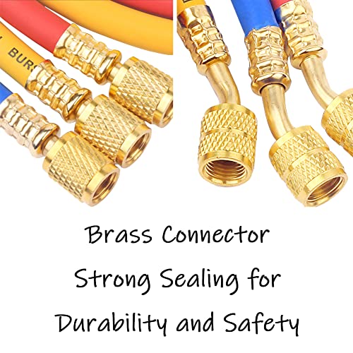 Uenede 3PCS Refrigerant Charging Hose 60" Length 600-3000PSI 1/4" Thread Fits for R12 R22 R134A 404 502 Car Air Conditioning and HVAC Charging Manifold Gauge Hose Tube Red/Yellow/Blue Three Colors - Image 3