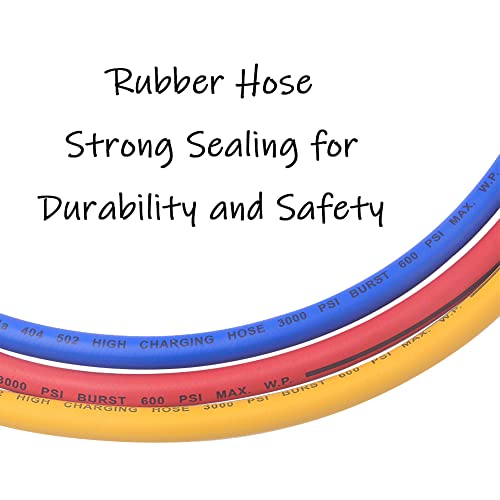 Uenede 3PCS Refrigerant Charging Hose 60" Length 600-3000PSI 1/4" Thread Fits for R12 R22 R134A 404 502 Car Air Conditioning and HVAC Charging Manifold Gauge Hose Tube Red/Yellow/Blue Three Colors - Image 4