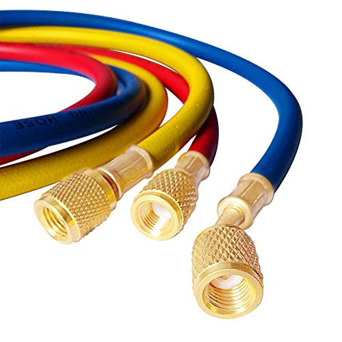 Uenede 3PCS Refrigerant Charging Hose 60" Length 600-3000PSI 1/4" Thread Fits for R12 R22 R134A 404 502 Car Air Conditioning and HVAC Charging Manifold Gauge Hose Tube Red/Yellow/Blue Three Colors - Image 5