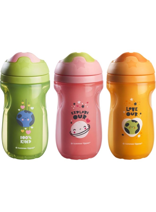 Tommee Tippee Insulated Sippee Cup, Water Bottle for Toddlers, Spill-Proof | 9oz, 12m+, 3 Pack (Pink, Green & Orange) - Image 1