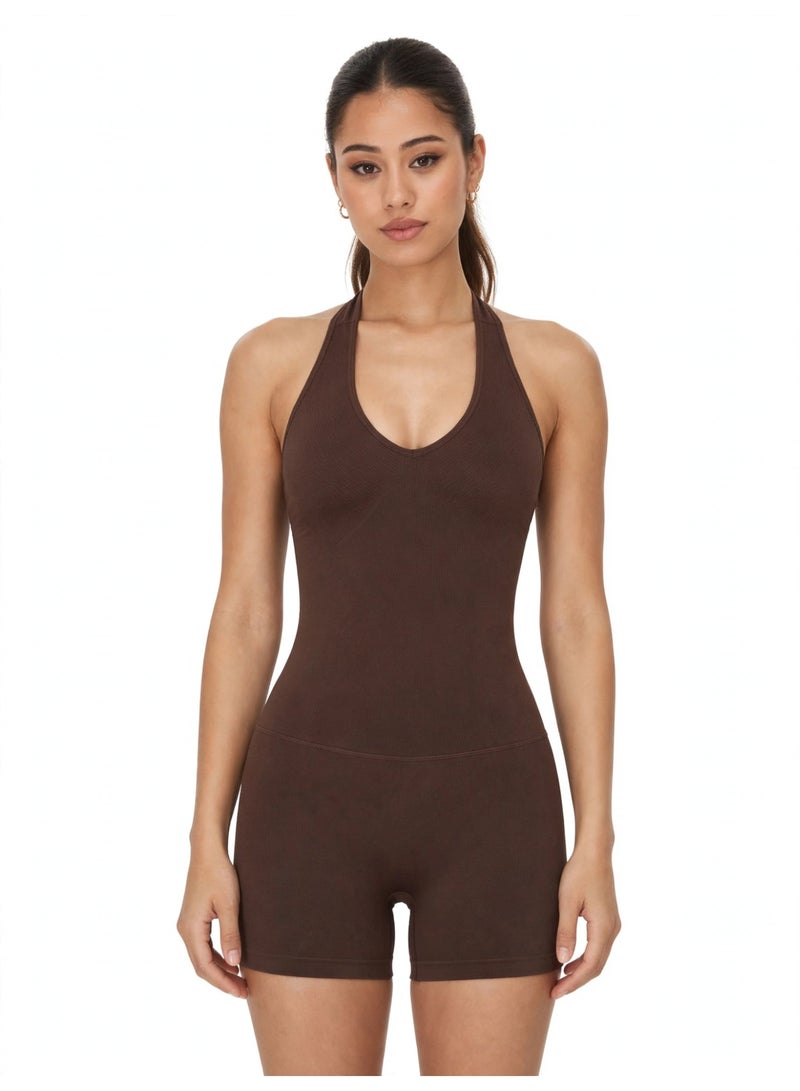 DubaiGallery Women’s Fitness Shapewear Jumpsuit – Halter Neck Slim Bodycon Yoga Outfit Upgrade your activewear collection with this elegant fitness jumpsuit. The bodycon silhouette offers a stylish appearance, while the halter neckline and flexible design make movement comfortable during everyday activities. - Image 1