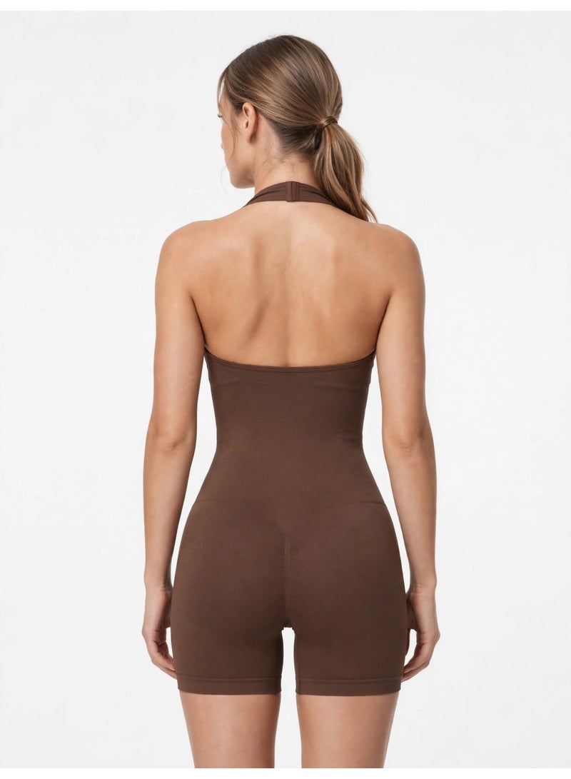 DubaiGallery Women’s Fitness Shapewear Jumpsuit – Halter Neck Slim Bodycon Yoga Outfit Upgrade your activewear collection with this elegant fitness jumpsuit. The bodycon silhouette offers a stylish appearance, while the halter neckline and flexible design make movement comfortable during everyday activities. - Image 2