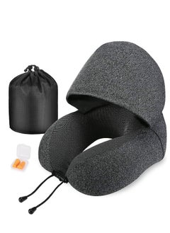 Travel Pillow 100% Pure Memory Foam Neck with Hood, Comfortable & Breathable Cover, Airplane Kit Earplugs, and Luxury Bag for Office Cars Trains Long Flights Sleeping (Deep Grey)