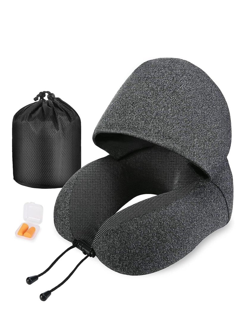 SYOSI - Travel Pillow 100% Pure Memory Foam Neck with Hood, Comfortable & Breathable Cover, Airplane Kit Earplugs, and Luxury Bag for Office Cars Trains Long Flights Sleeping (Deep Grey) - Image 1
