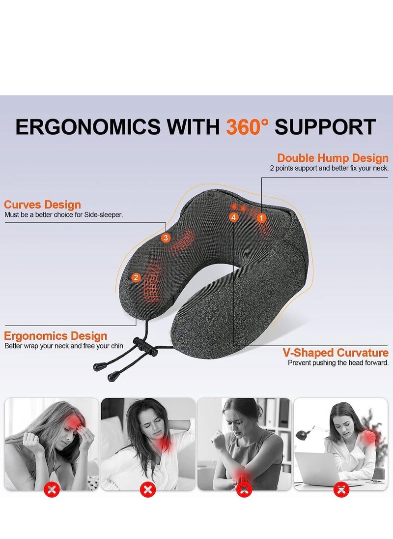 SYOSI - Travel Pillow 100% Pure Memory Foam Neck with Hood, Comfortable & Breathable Cover, Airplane Kit Earplugs, and Luxury Bag for Office Cars Trains Long Flights Sleeping (Deep Grey) - Image 1