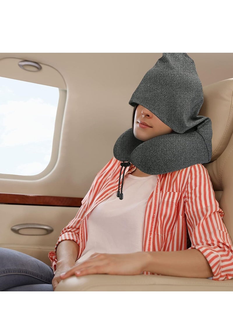 SYOSI - Travel Pillow 100% Pure Memory Foam Neck with Hood, Comfortable & Breathable Cover, Airplane Kit Earplugs, and Luxury Bag for Office Cars Trains Long Flights Sleeping (Deep Grey) - Image 1