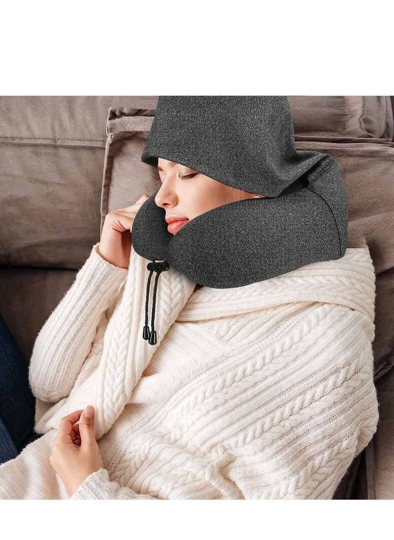 SYOSI - Travel Pillow 100% Pure Memory Foam Neck with Hood, Comfortable & Breathable Cover, Airplane Kit Earplugs, and Luxury Bag for Office Cars Trains Long Flights Sleeping (Deep Grey) - Image 1