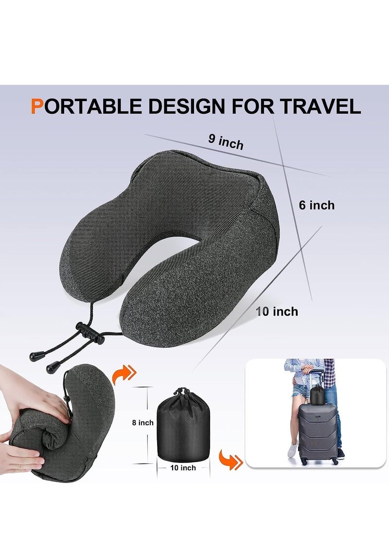 SYOSI - Travel Pillow 100% Pure Memory Foam Neck with Hood, Comfortable & Breathable Cover, Airplane Kit Earplugs, and Luxury Bag for Office Cars Trains Long Flights Sleeping (Deep Grey) - Image 1