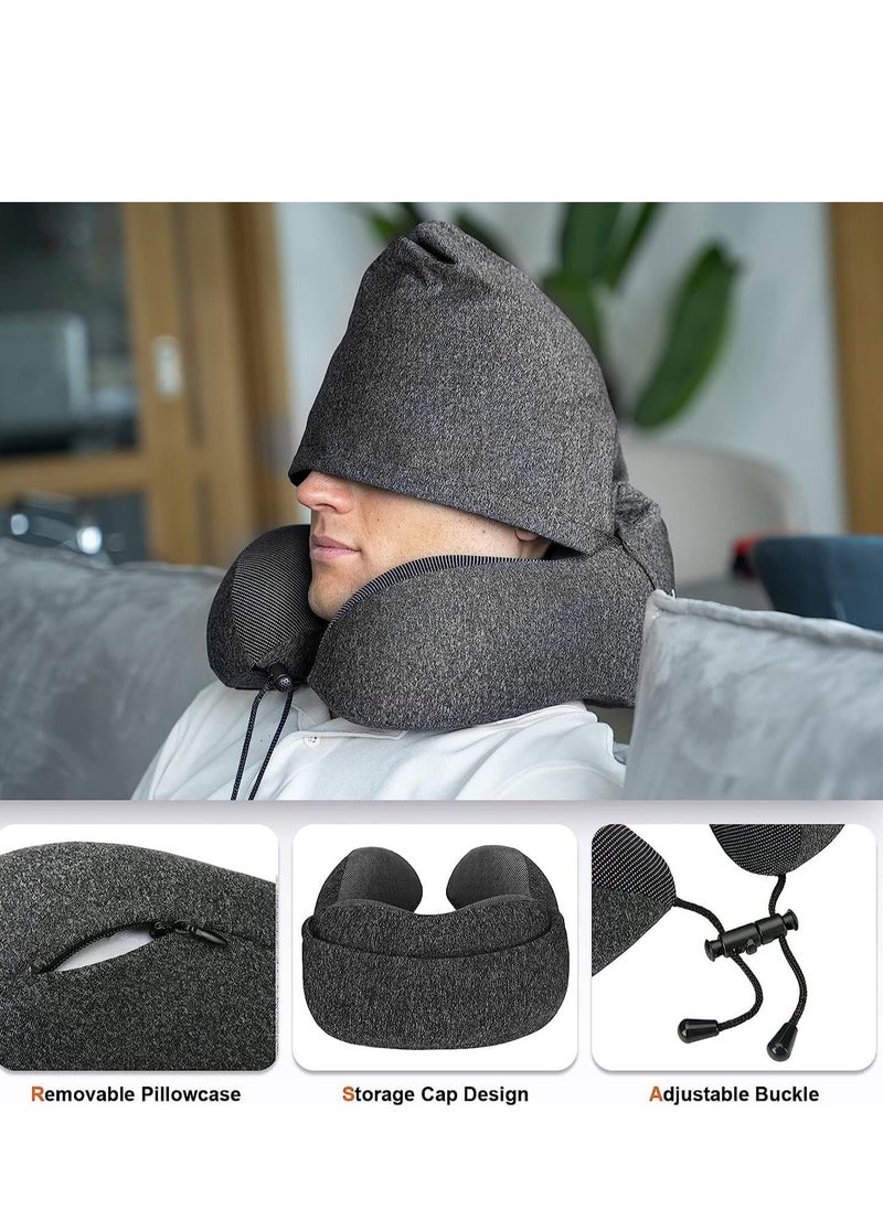 SYOSI - Travel Pillow 100% Pure Memory Foam Neck with Hood, Comfortable & Breathable Cover, Airplane Kit Earplugs, and Luxury Bag for Office Cars Trains Long Flights Sleeping (Deep Grey) - Image 1