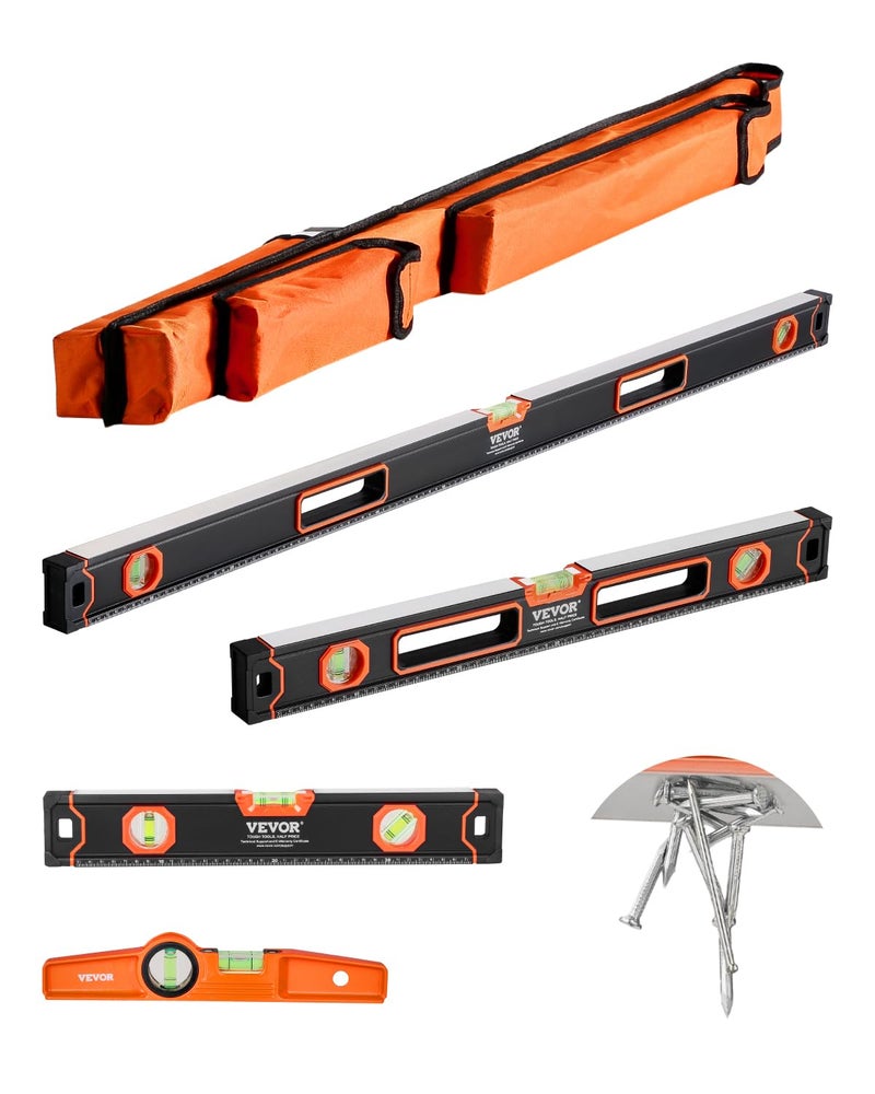 VEVOR 4-Piece Torpedo Level, 48/24/16/10 Inch All Magnetic Levels Set, Fluorescent Light Up Bubble Vials Ruler for 45/90/180 Degree, Aluminum Alloy Magnetic Box Leveler Tool, SAE and Metric Scale - Image 1