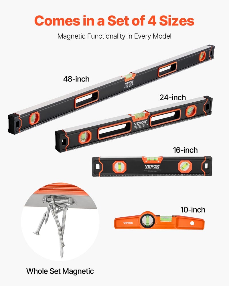 VEVOR 4-Piece Torpedo Level, 48/24/16/10 Inch All Magnetic Levels Set, Fluorescent Light Up Bubble Vials Ruler for 45/90/180 Degree, Aluminum Alloy Magnetic Box Leveler Tool, SAE and Metric Scale - Image 3
