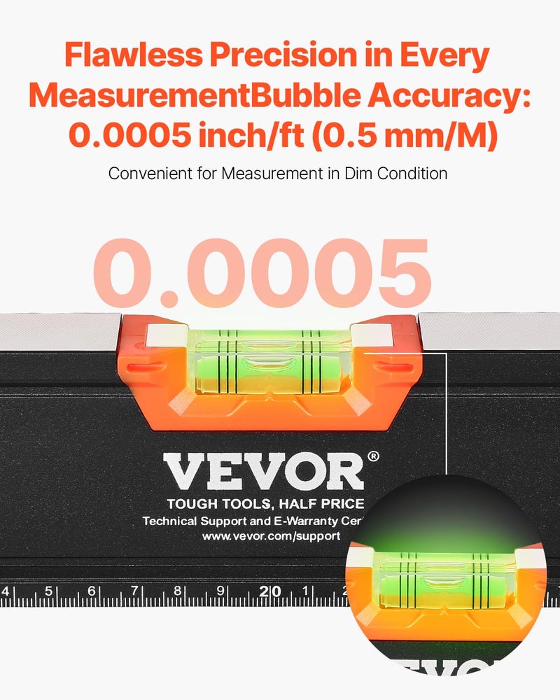 VEVOR 4-Piece Torpedo Level, 48/24/16/10 Inch All Magnetic Levels Set, Fluorescent Light Up Bubble Vials Ruler for 45/90/180 Degree, Aluminum Alloy Magnetic Box Leveler Tool, SAE and Metric Scale - Image 2