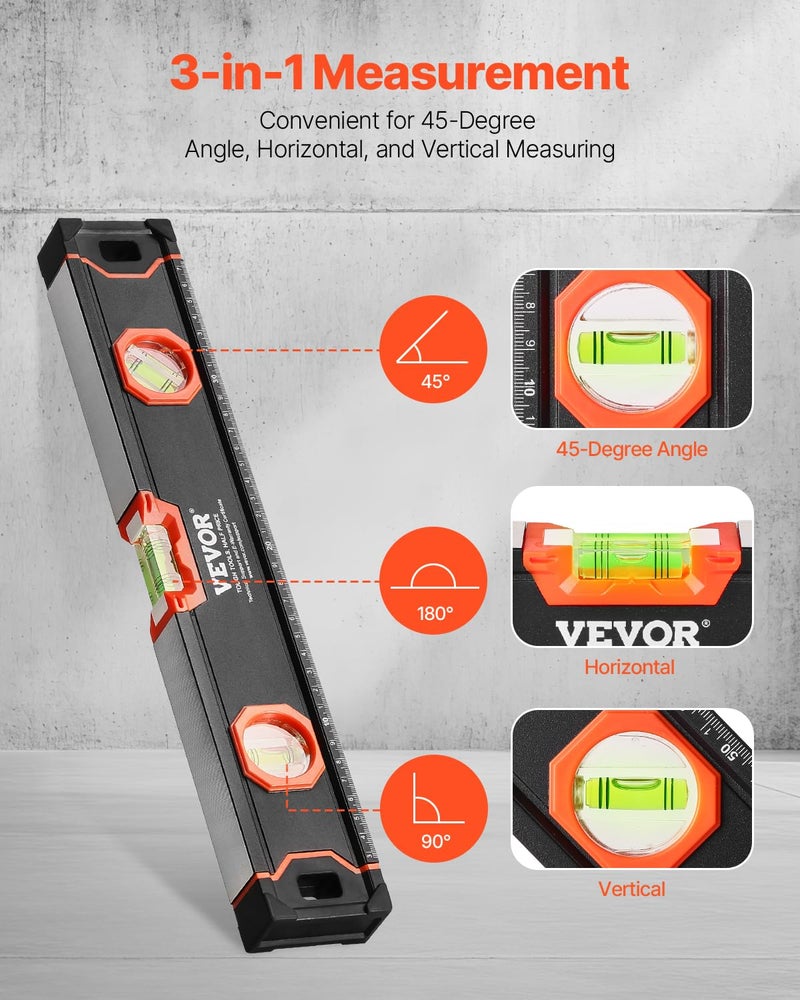 VEVOR 4-Piece Torpedo Level, 48/24/16/10 Inch All Magnetic Levels Set, Fluorescent Light Up Bubble Vials Ruler for 45/90/180 Degree, Aluminum Alloy Magnetic Box Leveler Tool, SAE and Metric Scale - Image 5