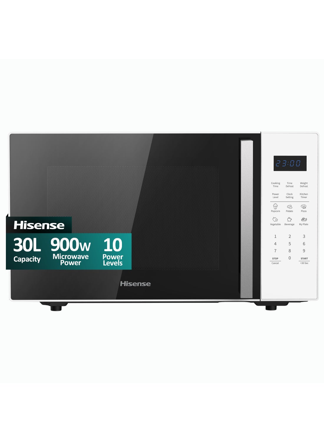 Digital with Handle Microwave Oven 900W Output Power, Membrane Digital Control, Blue Led Display, 11 Microwave Power Levels, 6 Auto Cooking Menus, Time/Weight Defrost Function, Multi Stage Cooking, Memory Cooking Set, Child Safety, 30 L 900 W H30MOWS9H White