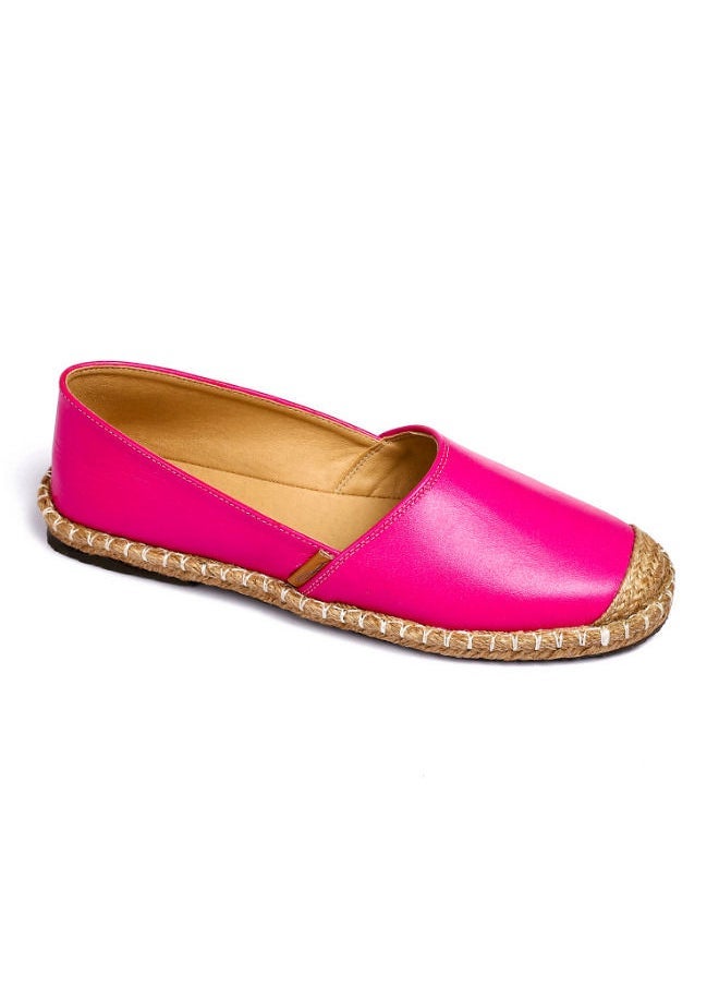 Trendy Genuine Leather Espadrilles With Straw Round Toe - Fuchsia