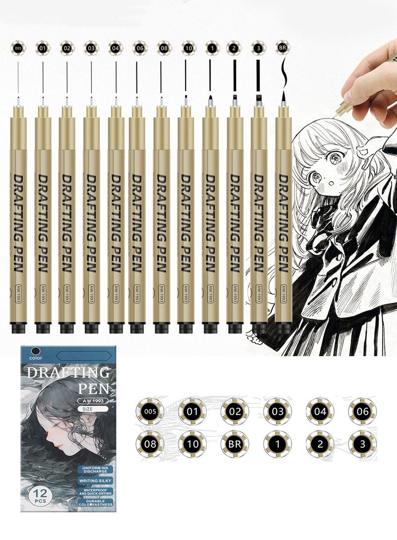 Bukela 12 Black Drawing Pens, Liquid Fineliner Pens, Art Pens Set, Waterproof Pens, Quick Drying Micro Fine Point Drawing Pens for Artist,Manga Pens,for Sketching,Technical Drawing - Image 1