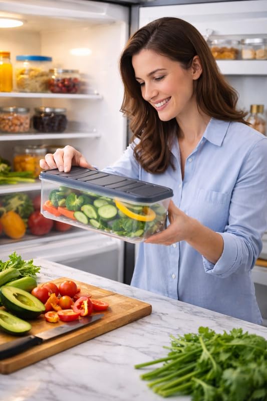 Raawan Fridge Storage Boxes – Stackable Food Storage Containers | Removable Drain Plate & Lid | Durable Fridge Organizer to Keep Food Fresh Longer | Ideal for Fruits, Vegetables | 1200ml Pack of 10 - Image 3