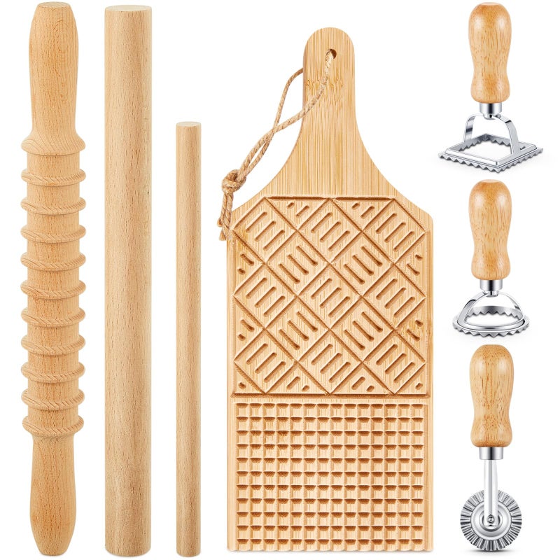 Tioncy 7 Pcs Pasta Making Tool Set Wood Gnocchi Board with Ravioli Stamp Ravioli Maker and Rolling Pin Homemade Gnocco Maker Kitchen Gift for Christmas Baking LoversDesign Gnocchi Board Set