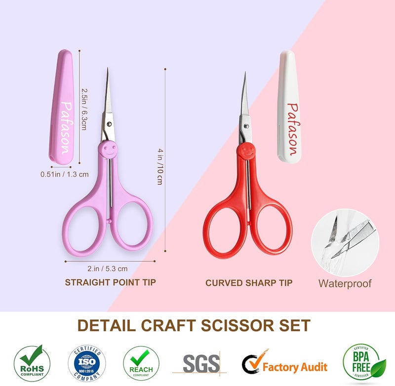 Pafason Sharp Point Craft Scissor Set 2 PC Straight Curved for Scrapbooking Quilting DIY Sewing Knitting Embroidery Cross Stitch Crochet Thread Yarn Paper Detail Cutting Stainless Steel Safety Case - Image 2