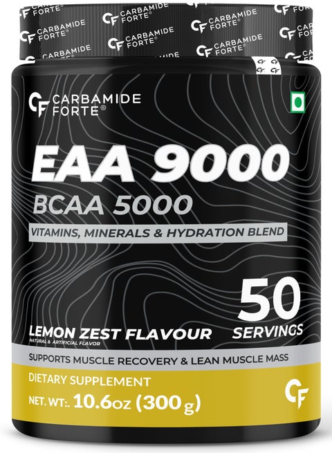 Carbamide Forte Eaa Supplement For Men & Women With Hydration Blend & Vitamins | Eaa intra workout Supplement With Bcaa 5000Mg - Lemon Zest Flavour - 50 Servings - Powder 300G