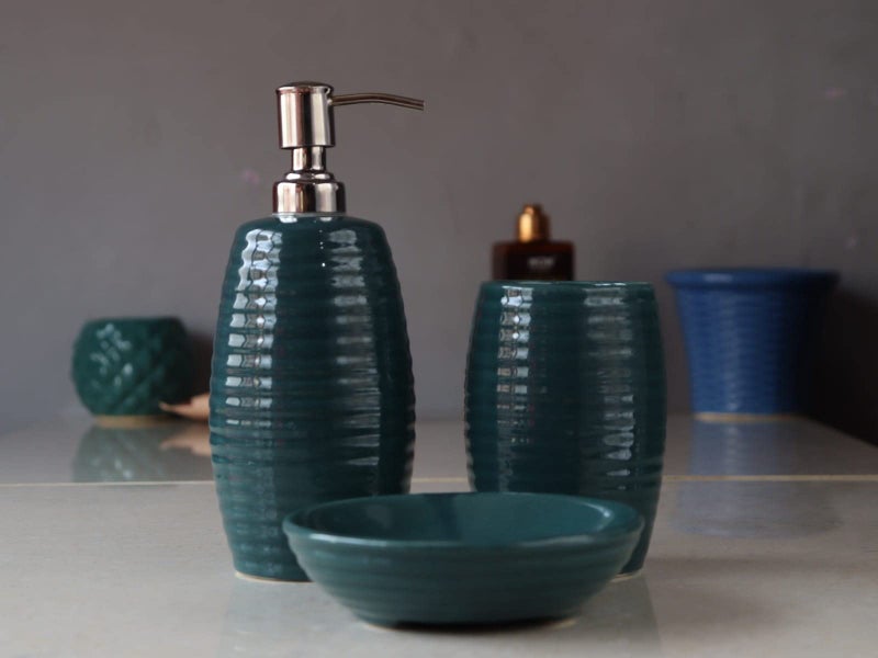 Kaolinite Ceramic Bathroom Accessories Set for Utility and Bathroom Decor | Liquid Soap Dispenser, soap Tray, Toothbrush Holder Radium Green (SA-1) - Image 1