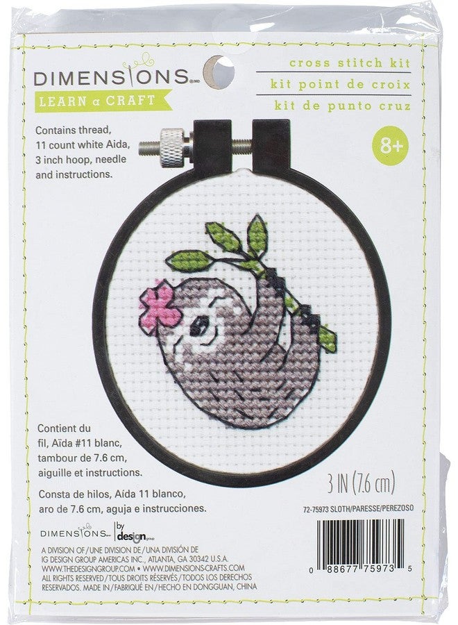 DIMENSIONS Smiling Sloth Counted Cross Stitch Kit for Beginners, 11 Ct. White Aida Cloth, Finished Project 3" Diameter, Multicolor 5 Piece - Image 1