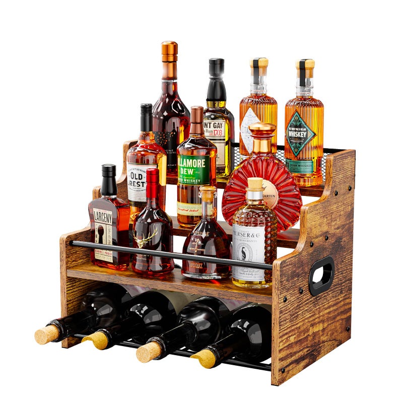 KLM 4-Tier Wood Display Shelf, Black Modern Bottle Organizer, Countertop Bar Stand for Liquor, Coffee Syrup, (Brown) - Image 1