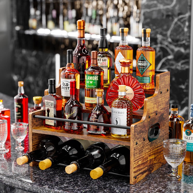 KLM 4-Tier Wood Display Shelf, Black Modern Bottle Organizer, Countertop Bar Stand for Liquor, Coffee Syrup, (Brown) - Image 2