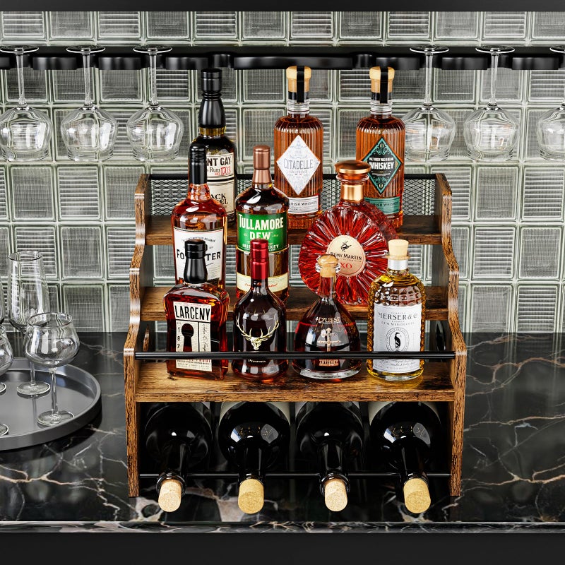 KLM 4-Tier Wood Display Shelf, Black Modern Bottle Organizer, Countertop Bar Stand for Liquor, Coffee Syrup, (Brown) - Image 3