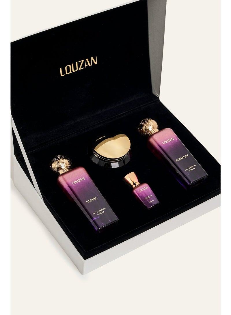 Louzan White Collection Purple Edition Perfume Gift Set – Desire 100ml, Romance 100ml, Violet Perfume Oil 12ml & Lail Dokhoon 30g - Image 1
