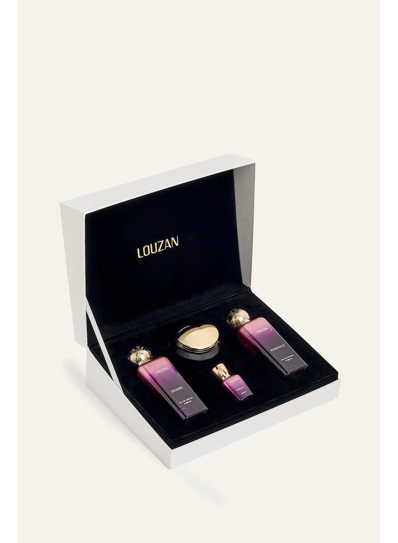 Louzan White Collection Purple Edition Perfume Gift Set – Desire 100ml, Romance 100ml, Violet Perfume Oil 12ml & Lail Dokhoon 30g - Image 2